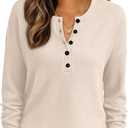 LILLUSORY Womens Waffle Knit Tops Long Sleeve Button Up Henley Shirts Winter V-Neck Tunics Fall Loose Casual Fashion Blouse (Large, Apricot)