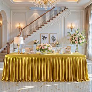 Gold Satin Tablecloths Rectangle 6FT, Glitter Spandex Fitted Stretch Table Covers Wrinkle-Free Floor Length Shimmer Table Skirt for Weddings Parties Baby Shower Banquets Vendor Events