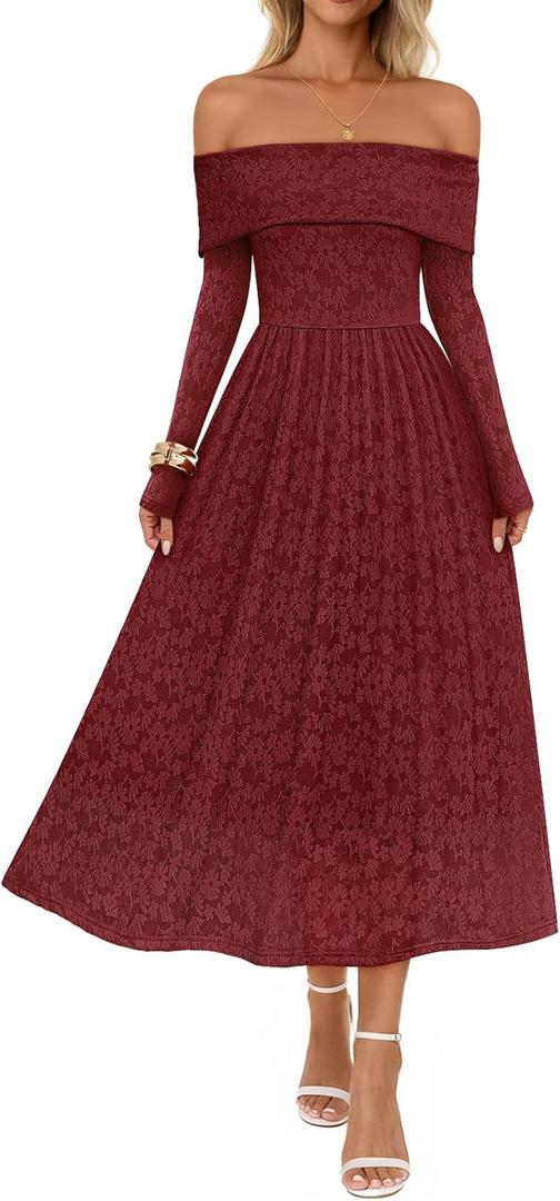 MEROKEETY Women's 2025 Fall Long Sleeve Floral Midi Dress Off Shoulder Wedding Guest Formal Long Flowy Dresses (Red)