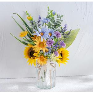 LUEUR Artificial Silk Sunflower with Vase Fake Flowers in Vase Centerpiece Coffee Table Decor, Fake Plant Blue Daisy Flower Arrangement for Spring & Summer Decorations Indoor Home Office Living Room (Yellow)