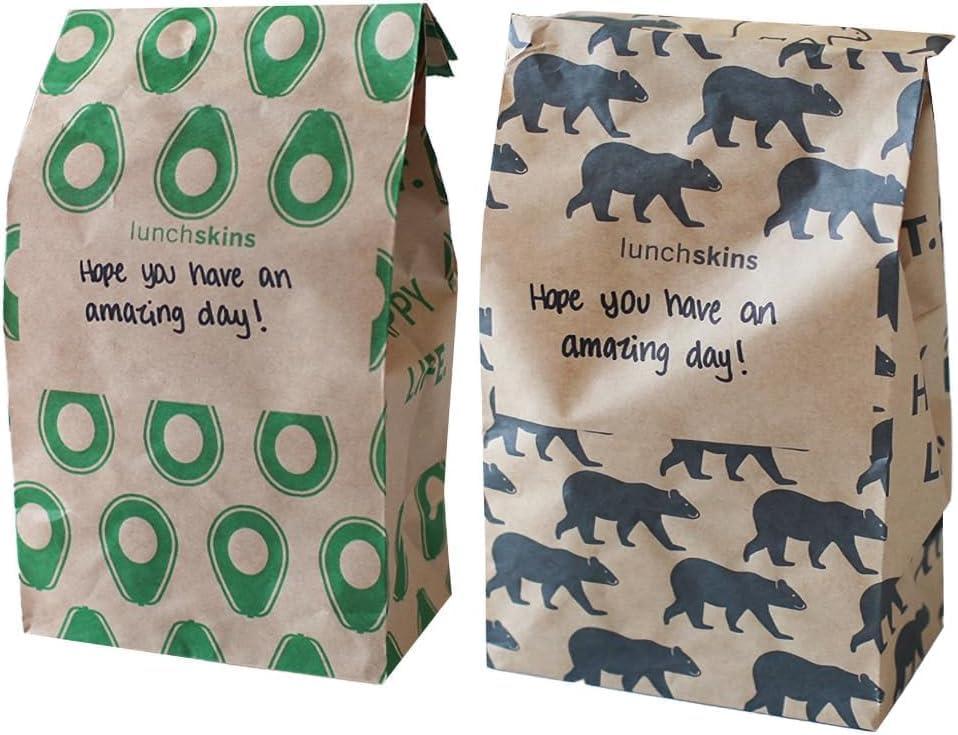 LunchSkins Compostable Paper Lunch Bags Variety Pack 100 Count | Brown Kraft Paper Sacs with Note Area | 50 Avocado Print + 50 Bear Print Eco-Friendly Lunch and Snack Bags