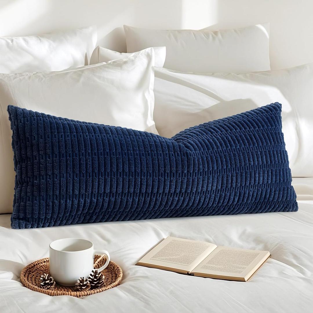 OTOSTAR Corduroy Decorative Lumbar Throw Pillow Cover 14x36 Inch Super Soft Boho Striped Rectangle Pillow Covers Case Modern Cushion Covers for Sofa Couch Bedroom Car Decor, Navy Blue