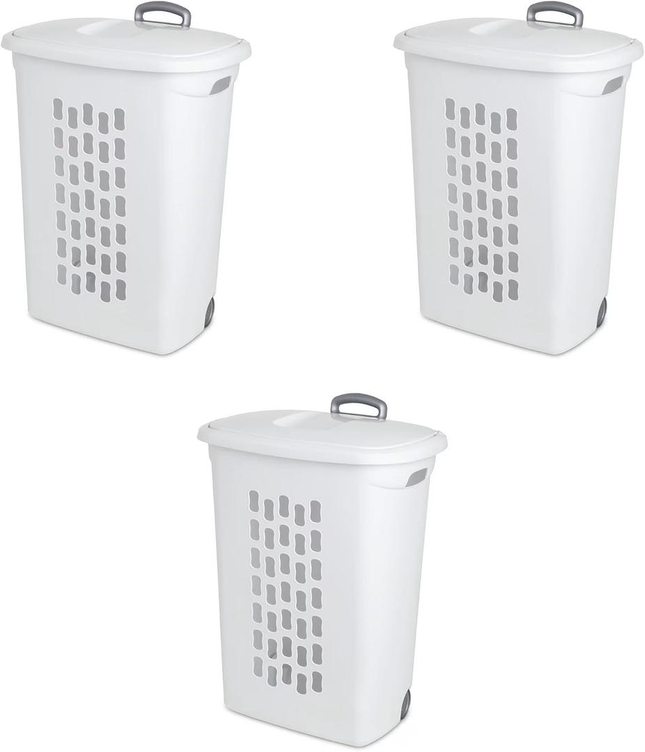 Sterilite 3 pack Ultra Wheeled Hamper, Laundry Basket w/Flip-Top Lid & Retractable Handle - Plastic Rolling Clothes Storage Cart with Ventilated Holes for Home, Apartment or Dorm
