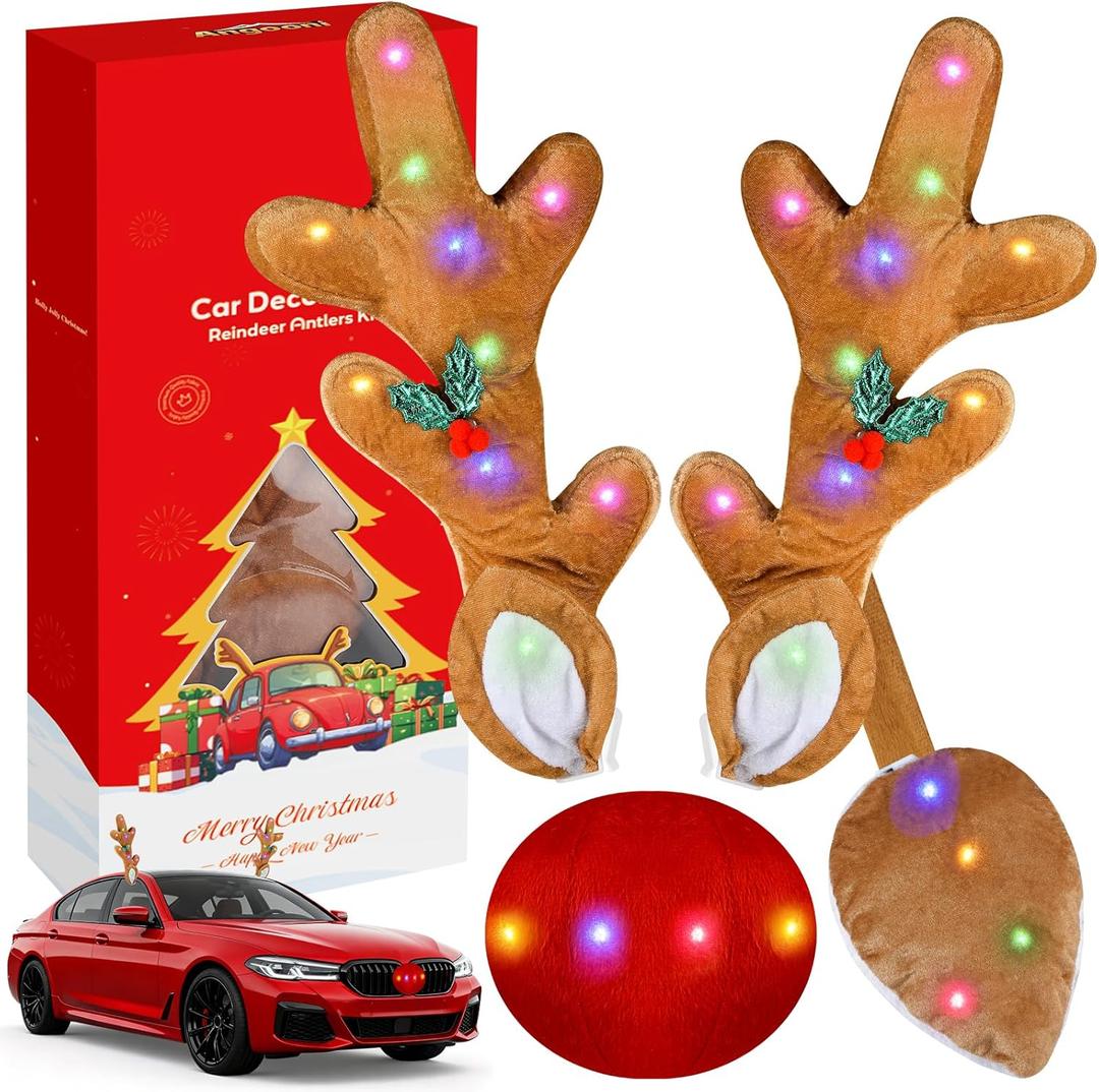 Christmas Car Decoration with Colorful LED Car Kit - 17 Inch Reindeer Antlers with Ears, Red Nose, and Tail - Exterior Accessories for Cars, Trucks, Jeeps, SUVs