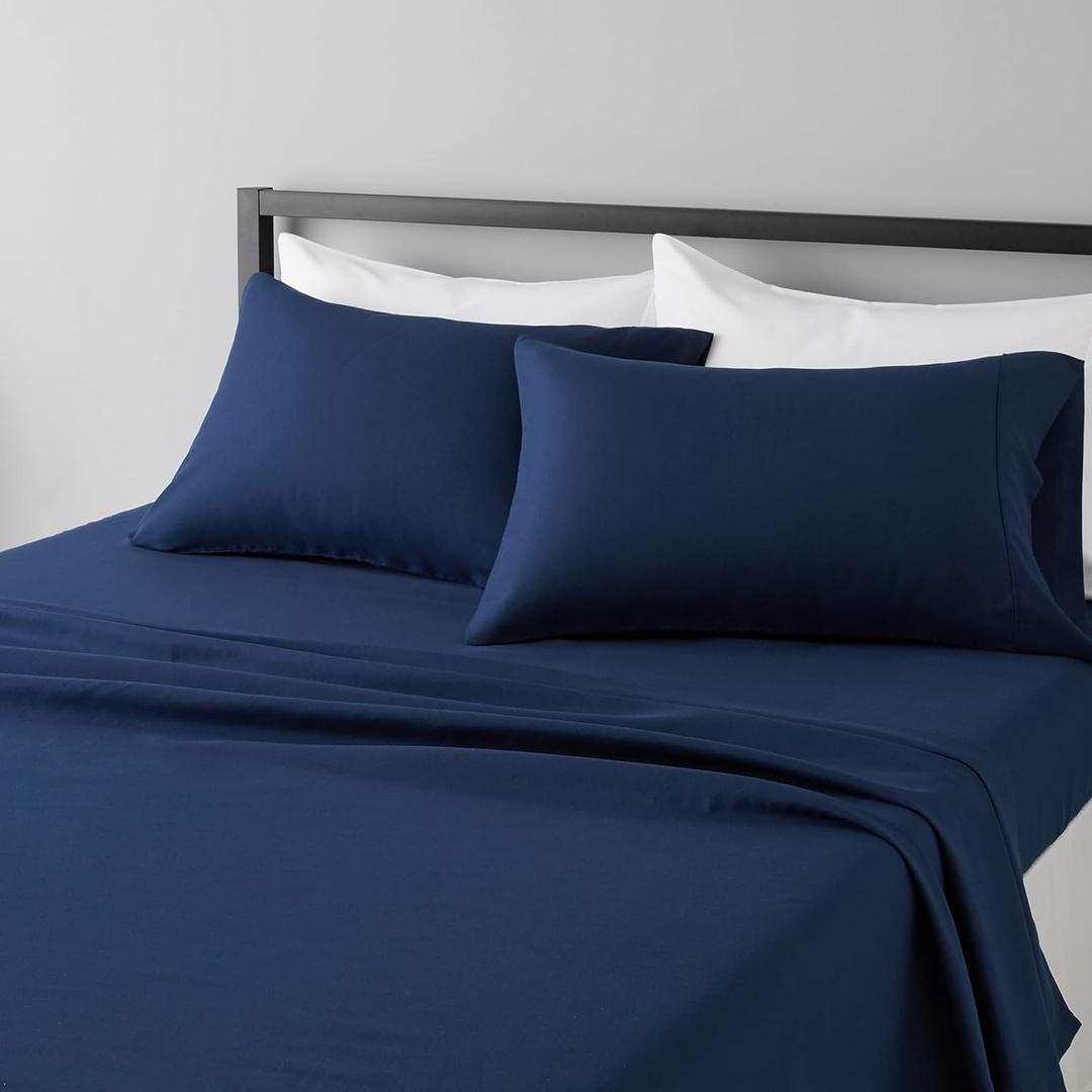 Lightweight Super Soft Easy Care Breathable Microfiber 4-Piece Bed Sheet Set with 14-Inch Deep Pockets, Machine Washable, Wrinkle Resistant, King, Navy Blue, Solid