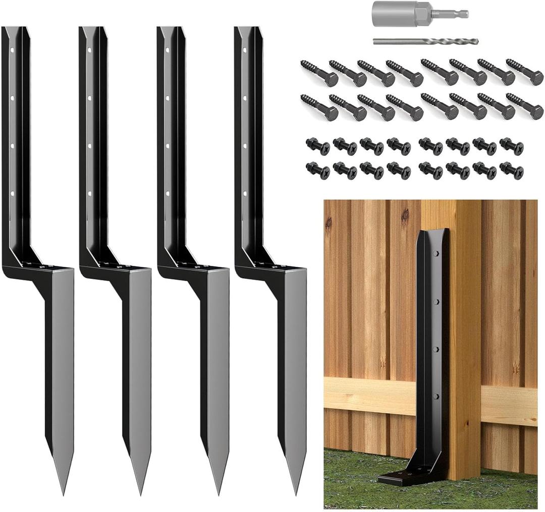 Muzata 4Pack Fence Post Repair Kit Post Stakes Heavy Duty Black Steel Anchor Ground Spike Quick Easy for Repair 4x4 6x6 Tilted Broken Wooden Fences WT16