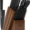 OOU Kitchen Knife Block Set - 15 Pieces High Carbon Stainless Steel Chef Knife Sets, Anti-Rust Black Knives Set with Built-in Sharpener Block, Walnut (Brown)