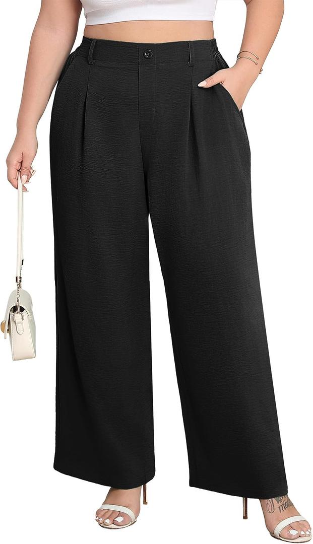 Lastshe Plus Size Pants for Women Wide Leg Elastic High Waist Work Casual Slacks Pull on Palazzo Trousers Spring Clothes (Black, XXXL)