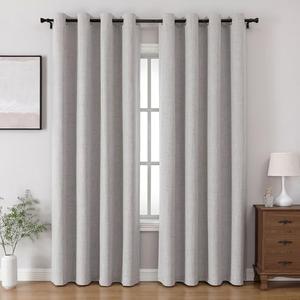 Joydeco 100% Blackout Linen Curtains 90 Inches Long 1 Panel, Thermal Insulated Burlap Curtain & Drapes, Grommet Room Darkening Textured Curtains for Bedroom Living Room (52x90 inch,Greyish White)