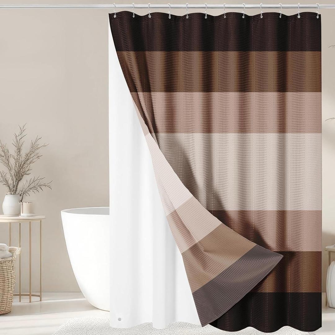 Shower Curtain and Liner, Brown Striped 3 in 1 Shower Curtain and PEVA Liner Set with 12 Rust-Resistant Metal Hooks, Waterproof Fabric Shower Curtains for Bathroom, 72 W x 72 H