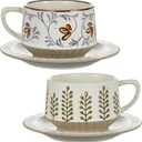 LemonRoad 2 Sets Vintage Tea Cup and Saucer Set Floral Tea Cup with Saucer 10oz Porcelain Vintage Coffee Mugs for Spring Party Birthday Gift Coffee (Leaves and Tang Grass Design)