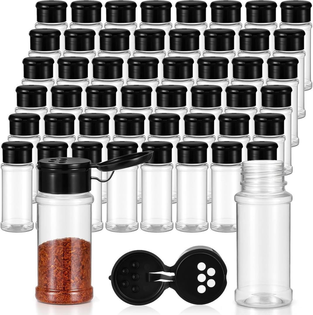 50 Pcs Plastic Spice Jars with Shaker Lids Seasoning Shaker Jars 3.3 Oz/ 100ml Spice Containers Plastic Spices Bottles for Storing Spices Powders(Black Lid)