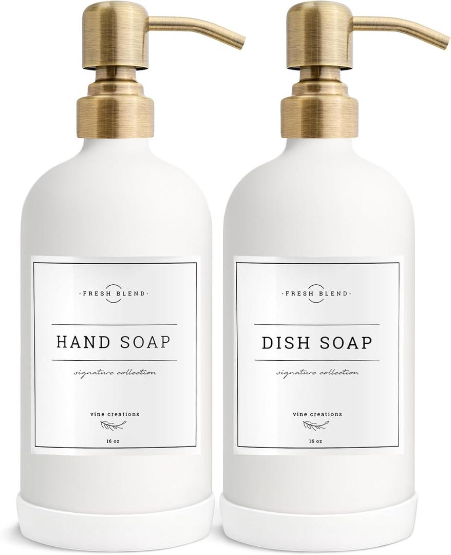 Vine Creations White Glass Soap Dispenser, 2 Pack Kitchen Soap Dispenser Set with Stainless Steel Pump, 16 oz Dish Soap and Hand Soap Dispensers for Bathroom with Waterproof Labels (Matte White Bottle / Brushed Brass Pump)