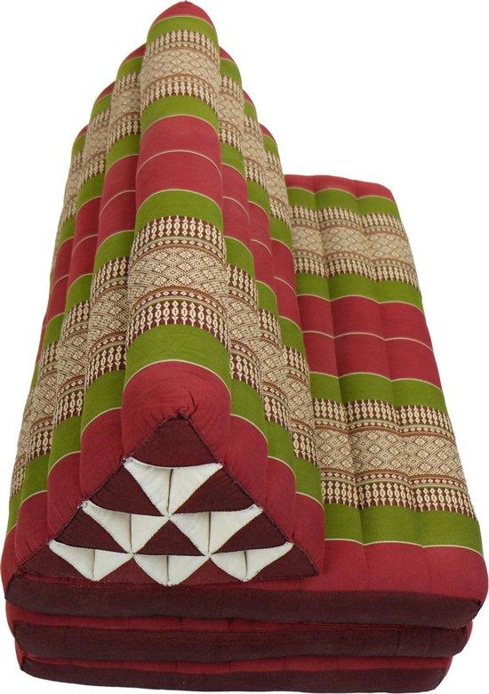 3-Fold Thai Triangle Cushion, Floor Mattress Foldable Handmade Tri Fold Sleeping Mat For TV, Reading Or Relaxation 100% Natural Kapok Filling For Comfort And Support (Red/Green, XXXL)