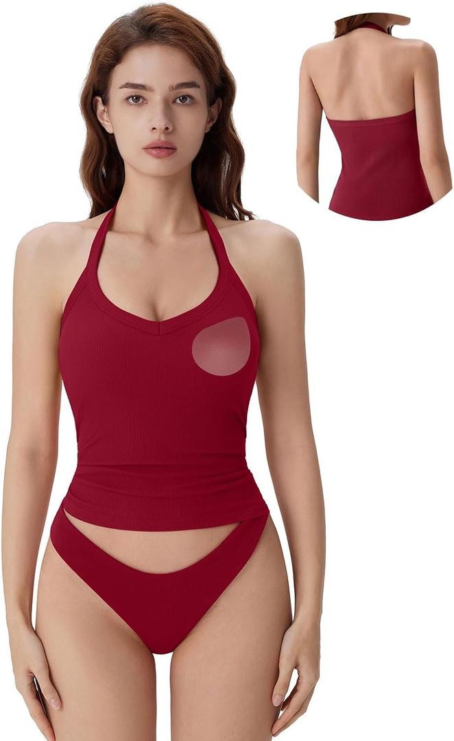 SUUKSESS Halter Tank Top for Women with Built in Bra Cotton Ribbed V Neck Cami, Small