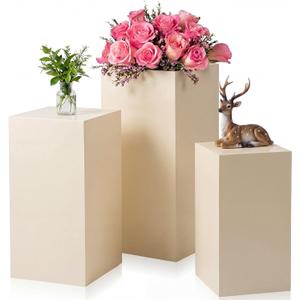 Zonon 3 Pcs Beige Square Pedestal Stands for Party, Metal Display Stands Pillars for Wedding Bridal Ceremony Baby Shower Birthday Party Decorations, 29.5*13.4''(L), 23.6*11.8''(M), 19.7*10.2''(S)