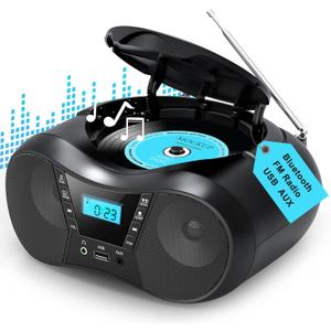Greadio Boombox Portable CD Players for Home with Bluetooth, Boom Box CD Player FM Radio Combo, Stereo Sound, AC/Battery Powered, CD/CD-R/RW Compatible, Support AUX/USB/Headphone, Timer, Repeatable