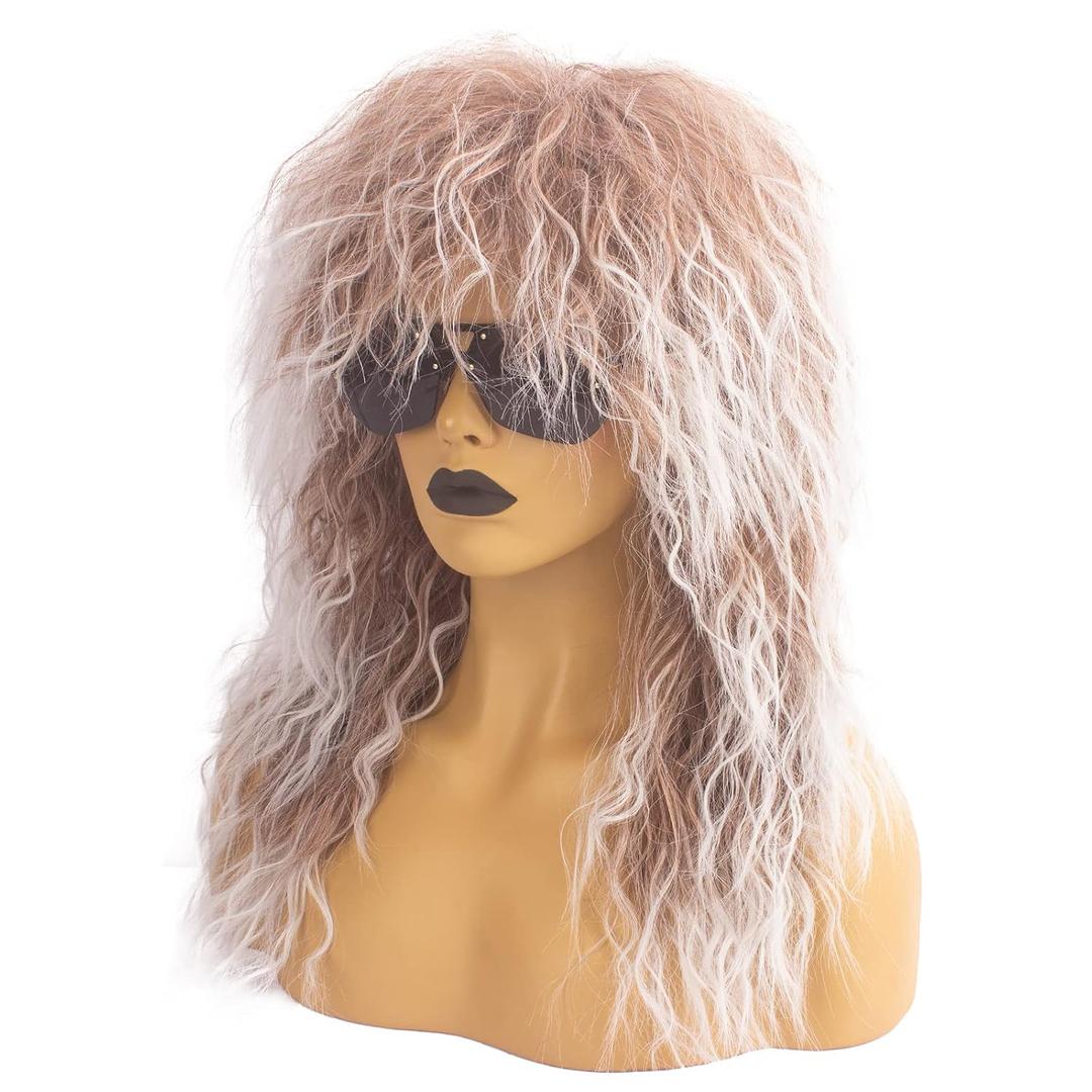 80s Costumes for Men 80s Rock Mullet Wigs for Women and Men Curly Long Punk Heavy Metal Rocker Wig Halloween Costume Male Wig Ombre Brown