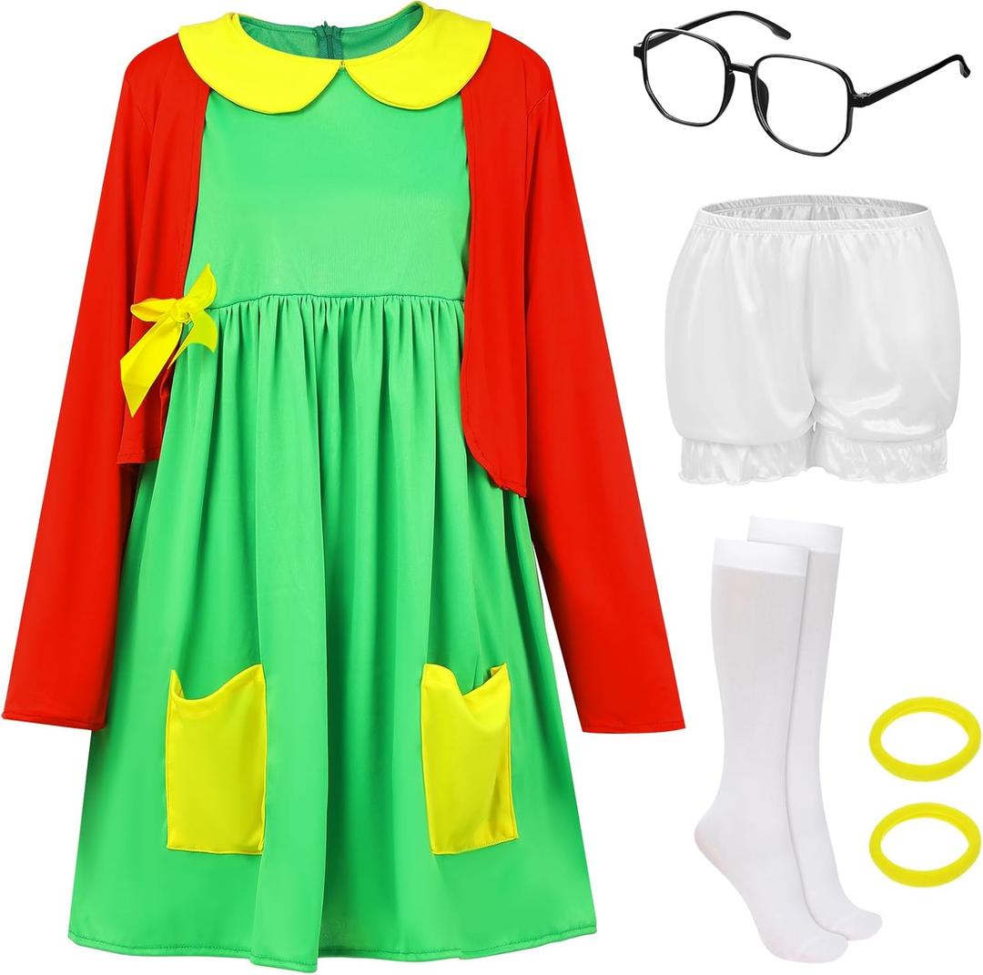 Panitay 7 Pcs Women's Halloween Costume Outfits Green Dress Red Knit Cardigan Shorts Glasses Socks Hair Tie for Cosplay (Medium)