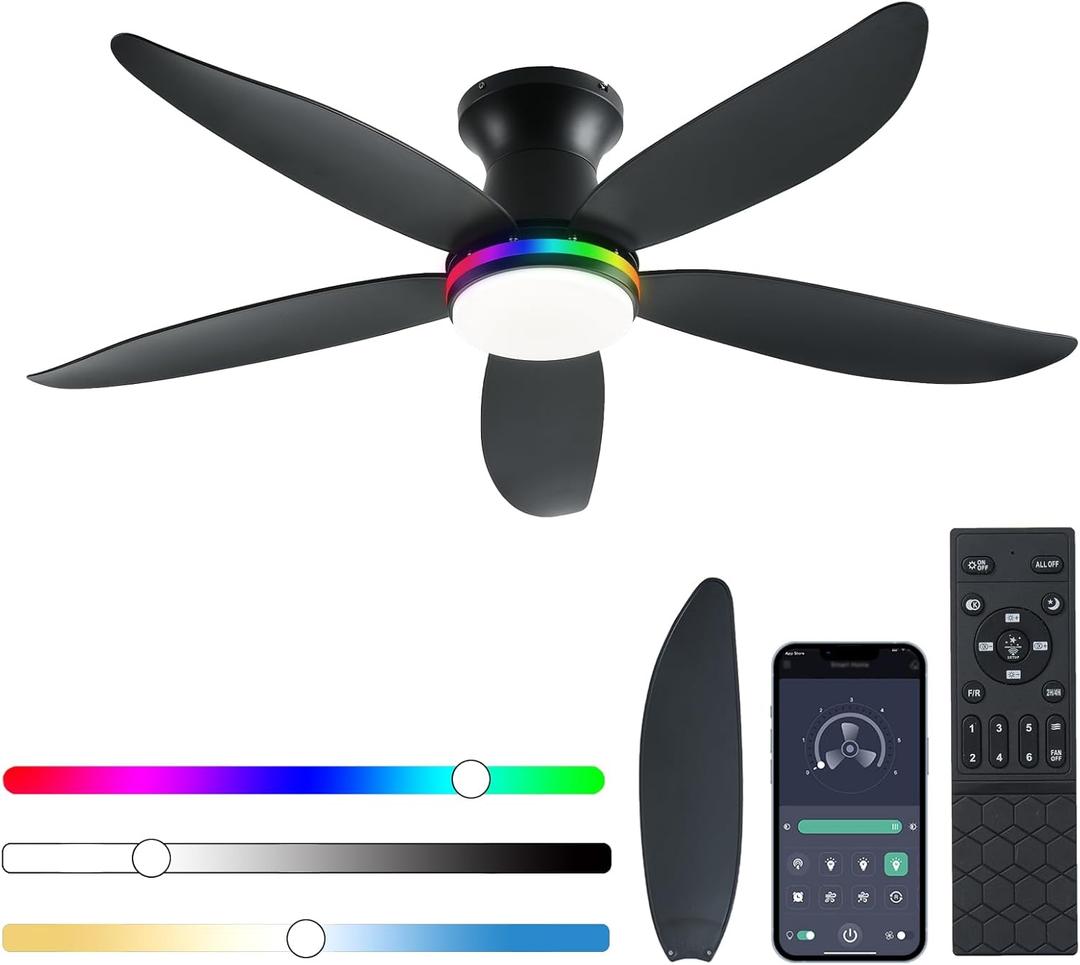 Ceiling Fan with Light, 48" RGB Low Profile Ceiling Fans with Lights and Remote Control, Dimmable, DC Reversible Motor, Noiseless, 6 Speeds Flush Mount Black Ceiling Fan for Bedroom