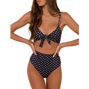 Blooming Jelly Womens High Waisted Bikini Set Tie Knot High Rise Two Piece Swimsuits Bathing Suits (Medium, Polka Dot)