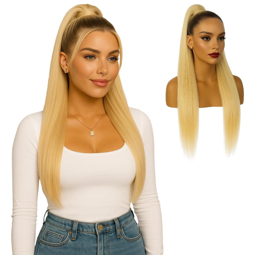 SER MULHER Long Straight Hair Extension With Cord | MARILIA Ponytail Easy Application With Clip | 100% Natural Appearance 27.5" Heat Resistant Fiber (Platinum Blonde)