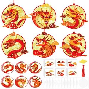 Epakh 24 Sets Chinese New Year Craft 2026 DIY Chinese Tissue Paper Crafts Kit Make Your Own Hanging Ornament with Clouds Stickers for New Year Home Activities(Dragon)