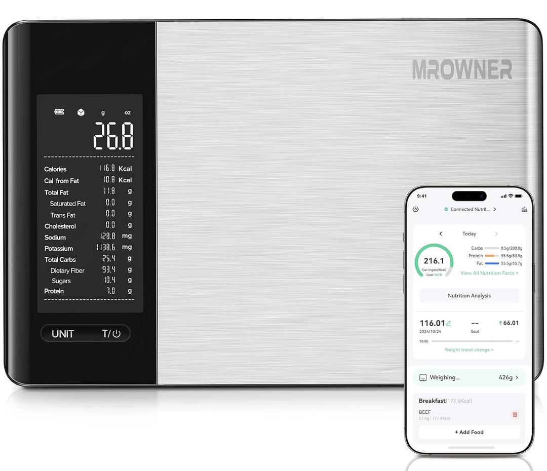 Smart Food Kitchen Scale with Nutritional Calculator, Free App with 19 Nutrients Tracking, Calorie, Marco, Digital Weight Grams and Ounces for Weight Loss, Premium Stainless Steel, 22lb