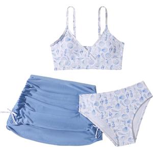 COZYEASE Girls' 3 Piece Set Floral Print Bikini Swimsuit with Drawstring Beach Skirt Cute Ruched Bathing Suit, 11Y
