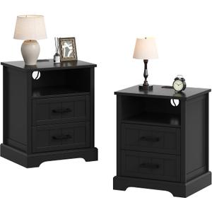 ChooChoo Farmhouse Night Stands with Charging Station, Wood Nightstand Set of 2 with 2 Drawers, Bedside Table with Open Storage Shelf for Bedroom, Black