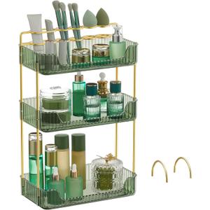 SONGMICS Makeup Organizer, 3-Tier Skincare Organizer Countertop, Customizable, 2 Types of Accessories, Jewelry Holder, for Vanity, Bedroom, Bathroom, Pale Green UJKA013C01