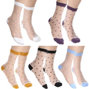 Yolev 5 Pairs Sheer Polka Dot Socks Ultra Thin Womens Sheer Sock Cute See Through Socks 5 Colors Ankle Sock for Women, One Size