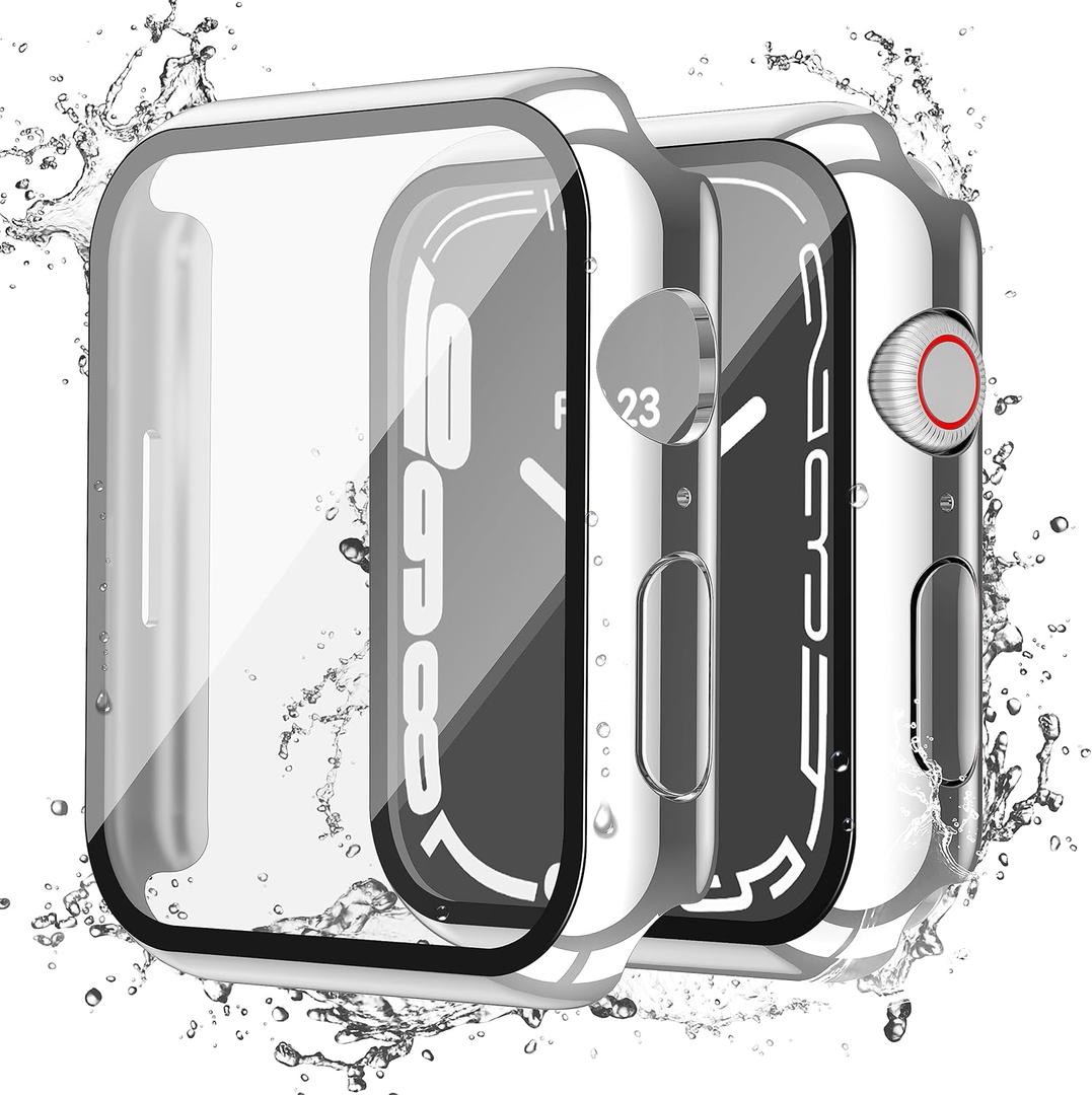 Misxi [2 Pack Waterproof Anti-Scratch Case with Button for Apple Watch Series 9 (2023) Series 8 Series 7 45mm, Hard PC Cover with Tempered Glass Screen Protector for iWatch, 1 Silver + 1 Transparent