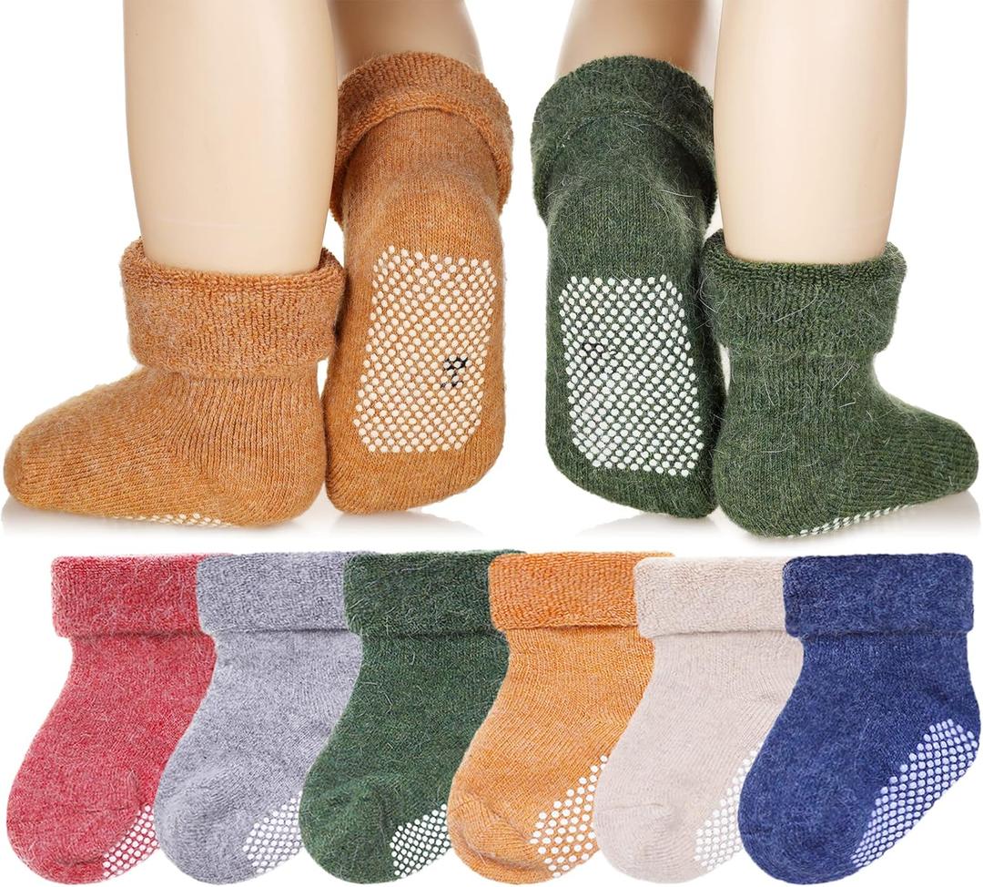 Eyean Baby Wool Grip Sock Soft Winter Warm Thick Non Slip Toddler Boy Girls Crew Socks For Children 6 Pairs (0-12 Months, Solid Color)