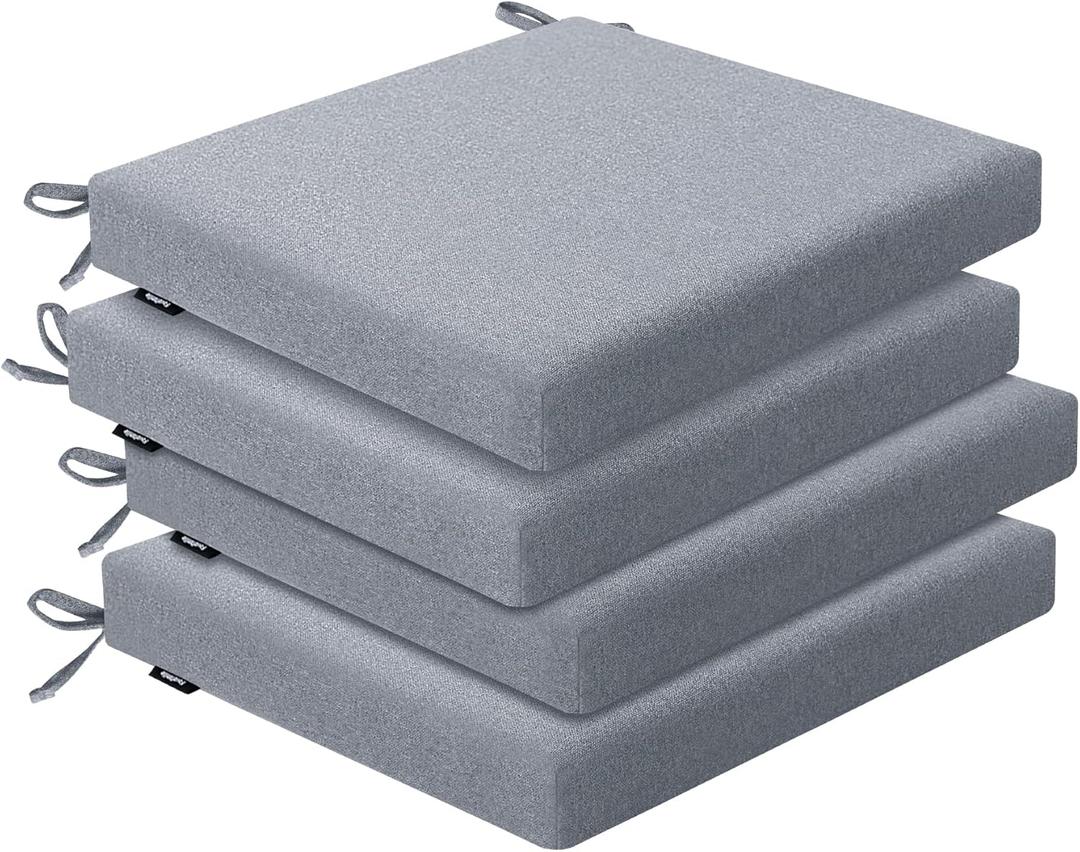 Outdoor Chair Cushions Set of 4, Water-Resistant & Fadeness 17" W x 16" D x 2" T Seat Cushion, High Density Foam with Dual Straps for Patio Garden Furniture Sofa Dining Chairs, Light Grey