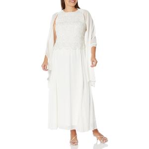 J Kara Women's Sleeveless Scallop Trim Beaded Mock Flare Dress (6 Petite, Ivory/Multi)