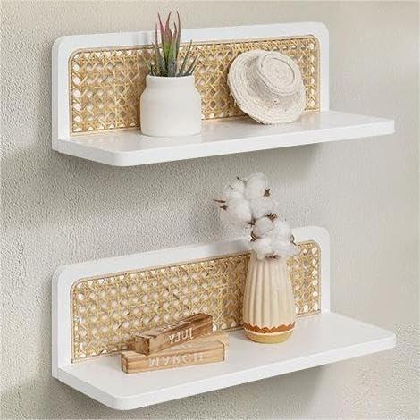 Rattan Wall Shelf 16inch Set of 2, Handmade White Floating Shelves Boho Wall Decor, Rustic Wood Cute Wall Mounted Storage Shelves for Living Room Nursery Bedroom