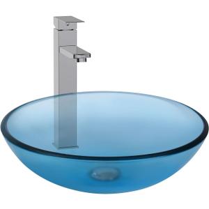 Bathroom Vessel Sink, Tempered Glass Vanity Round Bowl, Clear Blue, 16.5 x 5.5 inches