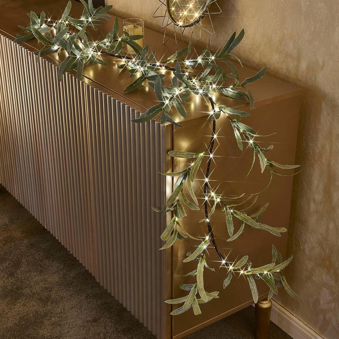 BAOLITVINE Lighted Olive Garland with 96 LED Fairy Lights 6FT Battery Operated with Timer, Faux Greenery Vine Garland with Lights for Fireplace Wall Christmas Spring Decoration