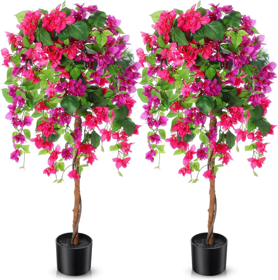 Giegxin 4 ft Bougainvillea Artificial 2 Pcs Artificial Bougainvillea Tree with Flowers in Plastic Pot Tall Floor Plant Faux Blooming Tree Large Fake Plants for Outdoor Indoor(Red Purple)