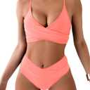 Tainehs Women's Bikini Sets Two Piece Swimsuit V Neck Twist Front V Cut Bottom Bathing Suit (Large, Coral Pink)