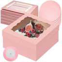 qiqee 12x12x6 Cake Box, 18 Sets Pink Cake Box with Window ＆ 18 Sets 8" Cake Round Boards, 8inch Cake Containers, 10 Meters Silk Ribbon