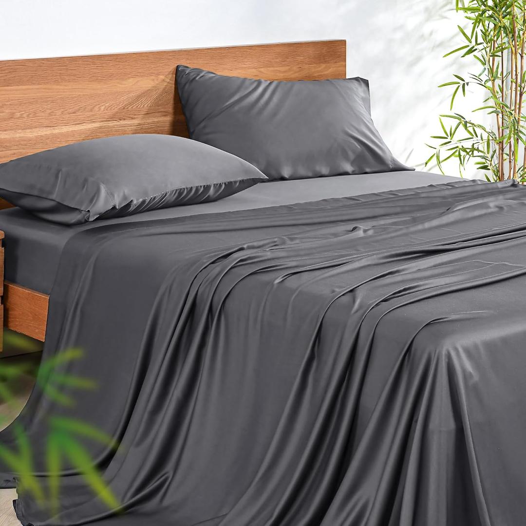 Queen Size Sheet Set - 100% Organic Bamboo Fiber Bed Sheet Set - 4 Piece (1 Flat Sheet, 1 Fitted Sheet, 2 Pillowcases), 210 Thread Count, 125GSM, 16'' Deep Pocket, Hypoallergenic, Cooling, Bedding (Sliver Gray)