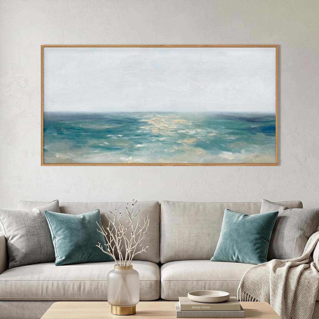 Aurlan Large Abstract Blue Coastal Framed Canvas Wall Art Set-40"x20"