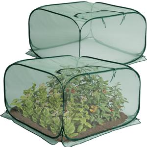 2 Pcs Pop Up Mesh Plant Cover, 35" x 35" x 27.5" Foldable Plant Protector Mesh Plant Enclosure, Garden Net Cage Guard Cover with 8 Ground Stakes for Protecting Plant Vegetable Fruit from Birds Insects