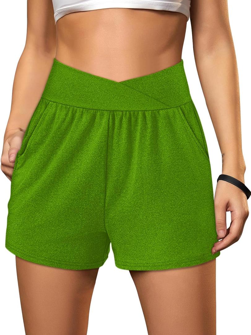 Sampeel Women's Workout Shorts Athletic Running Shorts Crossover High Waisted Gym Shorts with Pockets (Green, S)