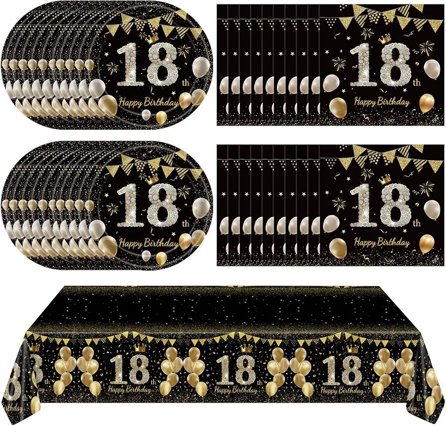 41Pcs 18th Birthday Decorations for Boy Girls, Black Gold 18 Year Old Happy Birthday Girl Decorations include Plates Napkins Tablecloth for Official Teenager 18th Birth Party