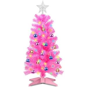 3 Feet Pink Tinsel Christmas Tree 12 Modes Dual Color Change Timer DIY 50 Warm White & Multicolor Lights Star  Battery Operated Small Artificial Full Xmas Tree Table Home Indoor