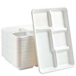 Vplus 100% Compostable 5 Compartment Paper Plates, 100 Pack, 12.5 x 8.6 inch Disposable School Lunch Trays, Eco-Friendly Bagasse Plates for Buffet, and Party