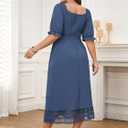 Plus Size Smocked Milkmaid Maxi Dress for Curvy Women Puff Sleeve Wedding Guest Summer Dresses Lace Trim (Blue, XL)